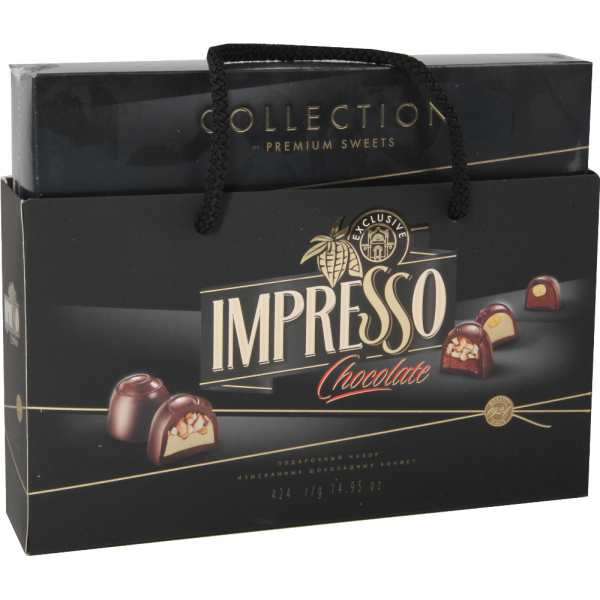 Подарочный набор impresso. Набор конфет Импрессо черный 424г. Impresso Premium черный. Impresso премиум набор шоколадных конфет черный, 424 г. Подарочный набор Импрессо премиум коричневый 424.